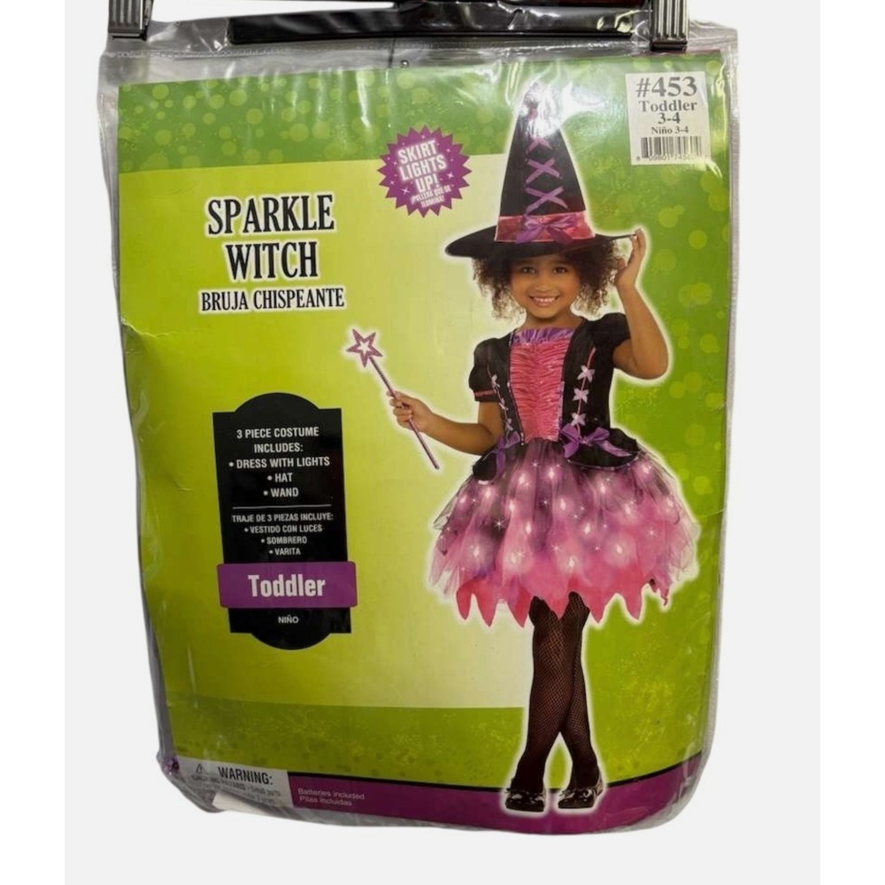 Sparkle Cute Pretty Witch Halloween Costume Light Up Dress Hat Wand 3-4T